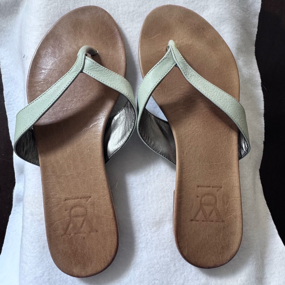 Diana Warner Sandals with Mint Green Leather Straps and Leather Footbed size 39